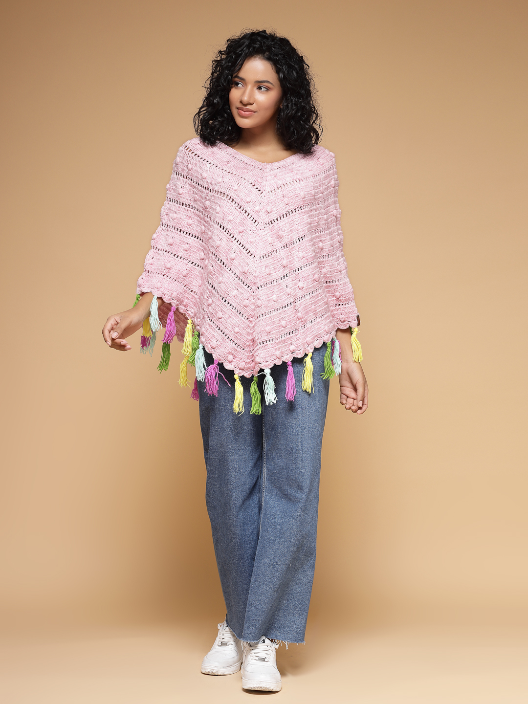 Velvery Handmade Pink & Multi Crochet Poncho V-Neck Poncho
