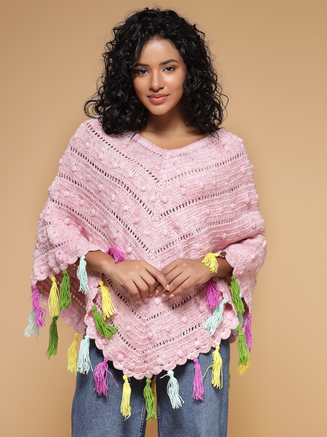 Velvery Handmade Pink & Multi Crochet Poncho V-Neck Poncho