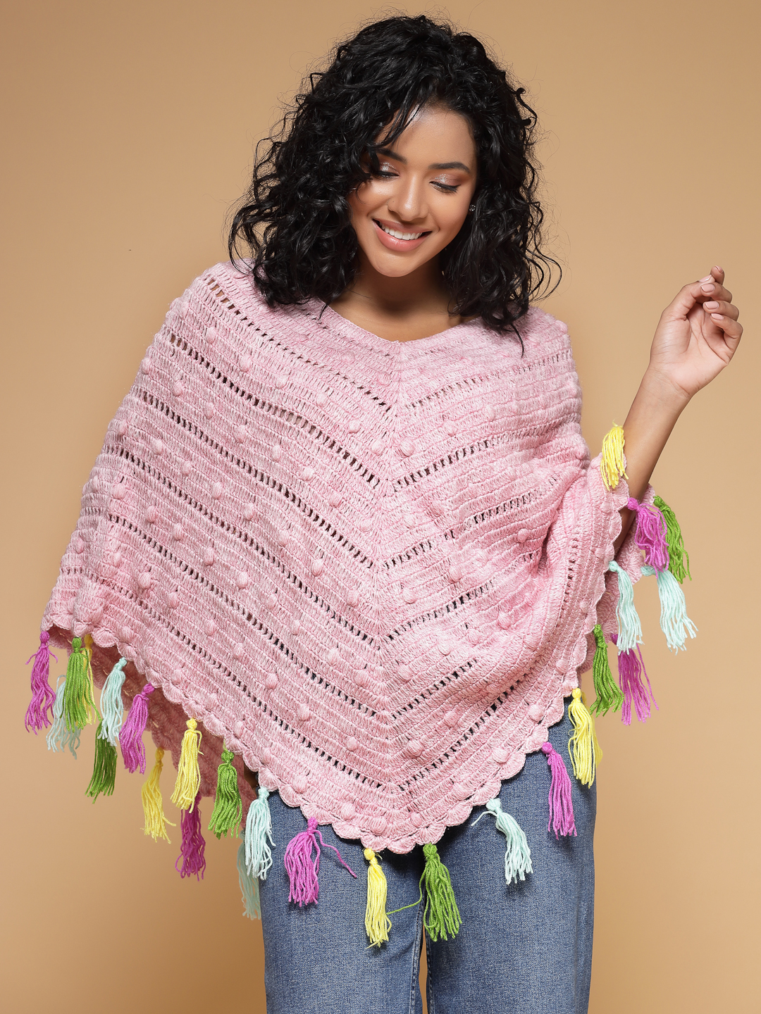 Velvery Handmade Pink & Multi Crochet Poncho V-Neck Poncho