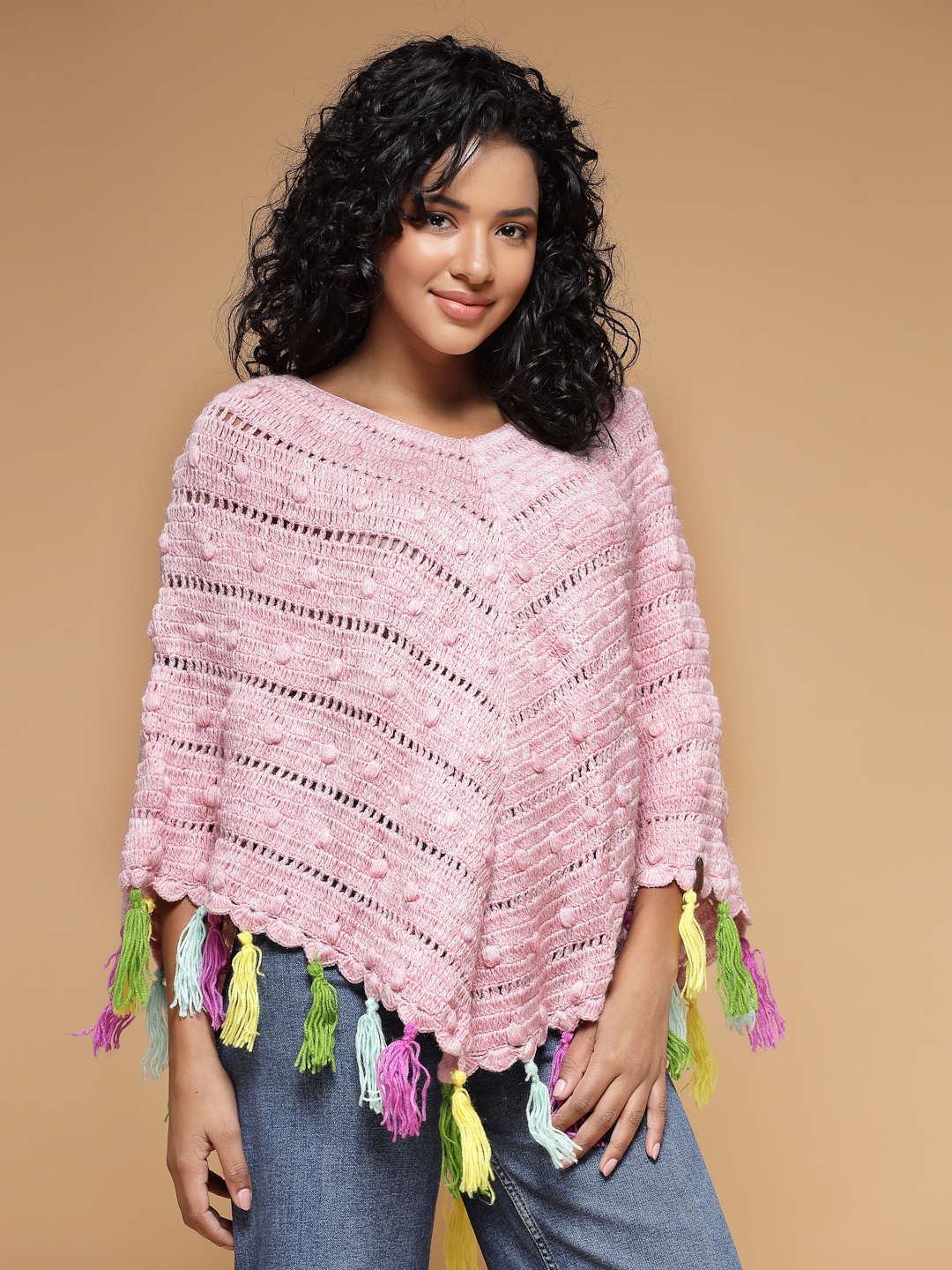 Velvery Handmade Pink & Multi Crochet Poncho V-Neck Poncho