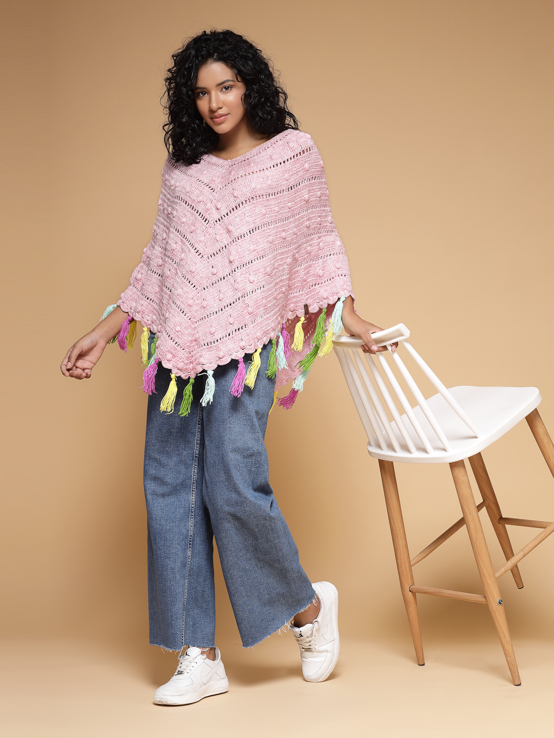 Velvery Handmade Pink & Multi Crochet Poncho V-Neck Poncho