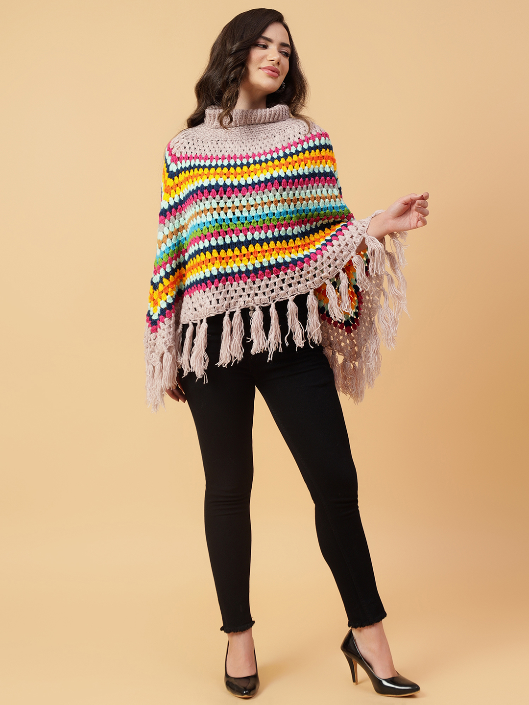 Velvery Handmade Multi Tassel Poncho V-Neck Poncho