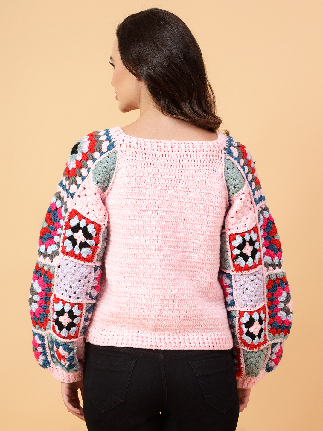 Velvery Handmade Pink & Multi Granny Square Sleeve Round Neck Pullover