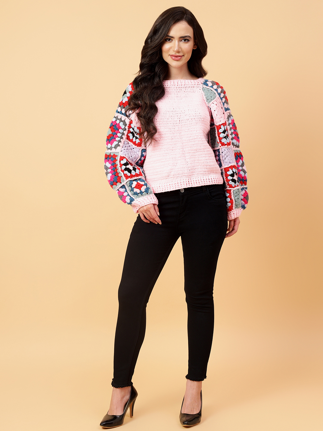 Velvery Handmade Pink & Multi Granny Square Sleeve Round Neck Pullover
