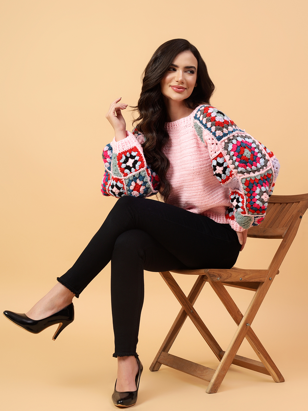 Velvery Handmade Pink & Multi Granny Square Sleeve Round Neck Pullover