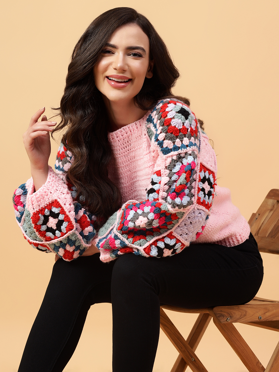 Velvery Handmade Pink & Multi Granny Square Sleeve Round Neck Pullover