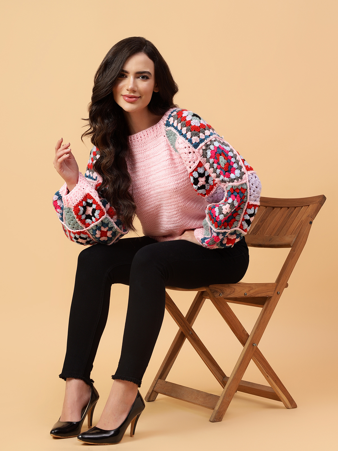 Velvery Handmade Pink & Multi Granny Square Sleeve Round Neck Pullover