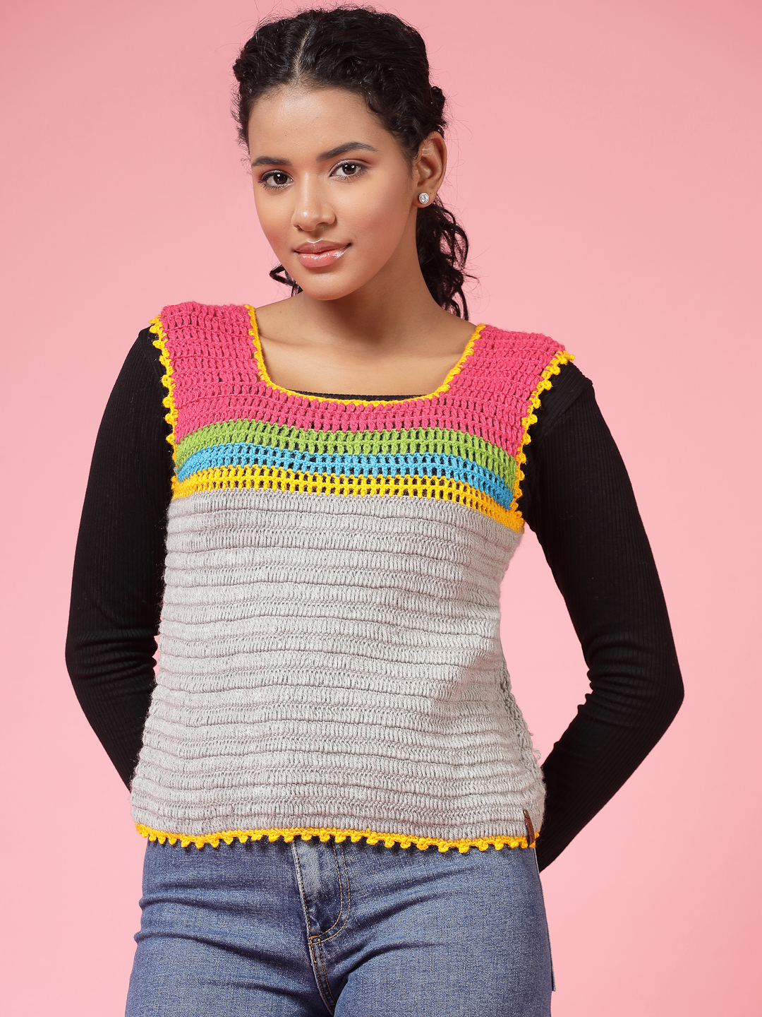 Velvery Handmade Multi Handmade Crochet Round Neck Sweater Vest