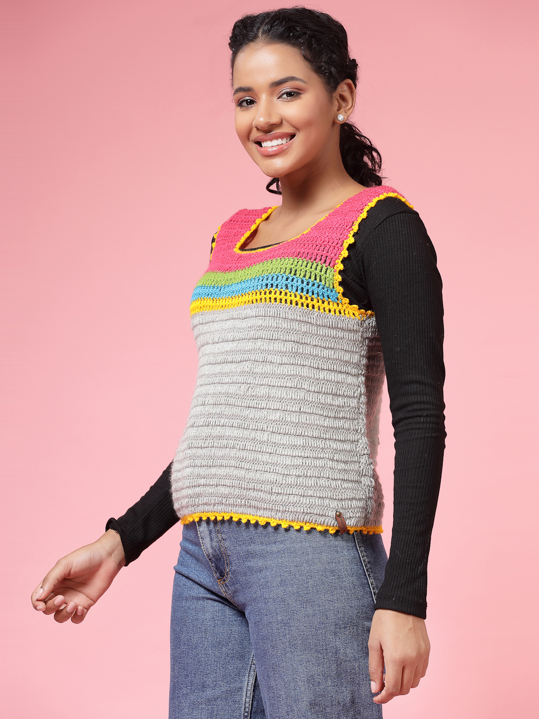 Velvery Handmade Multi Handmade Crochet Round Neck Sweater Vest