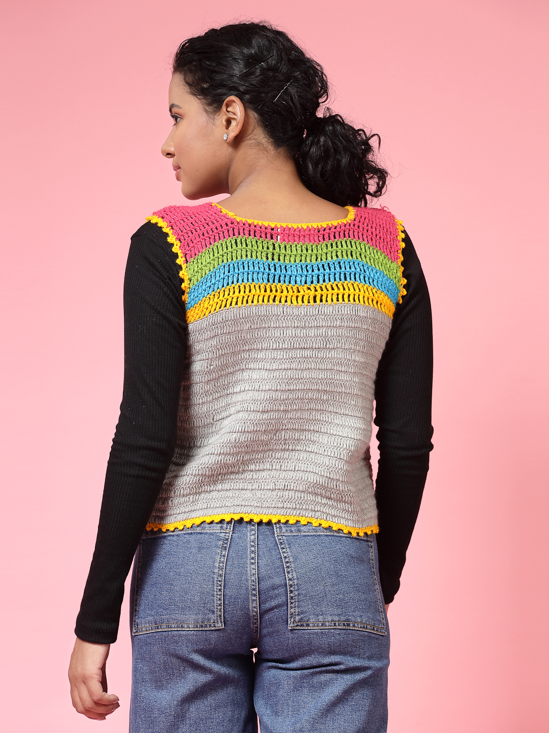 Velvery Handmade Multi Handmade Crochet Round Neck Sweater Vest