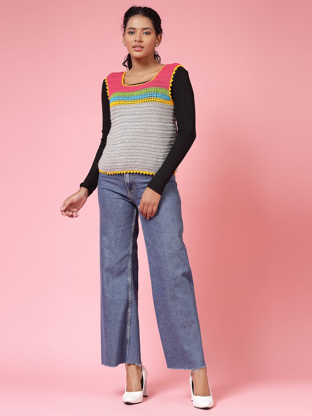 Velvery Handmade Multi Handmade Crochet Round Neck Sweater Vest