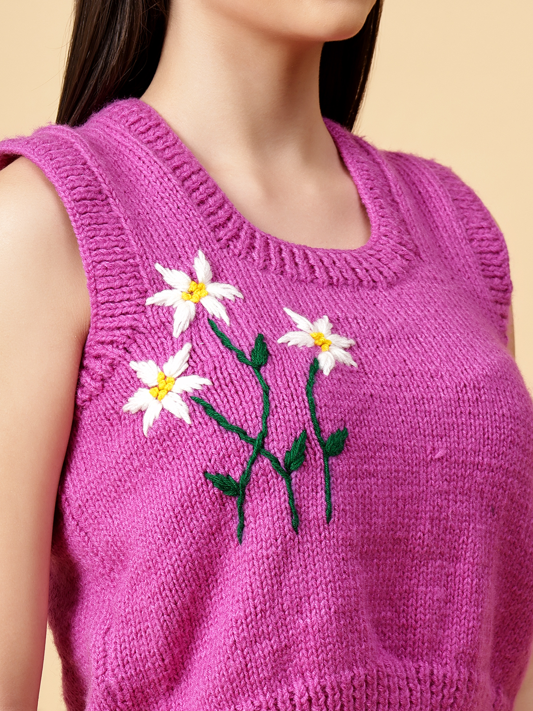 Velvery Handmade Pink Handknitted Embroidered Round Neck Sweater Vest