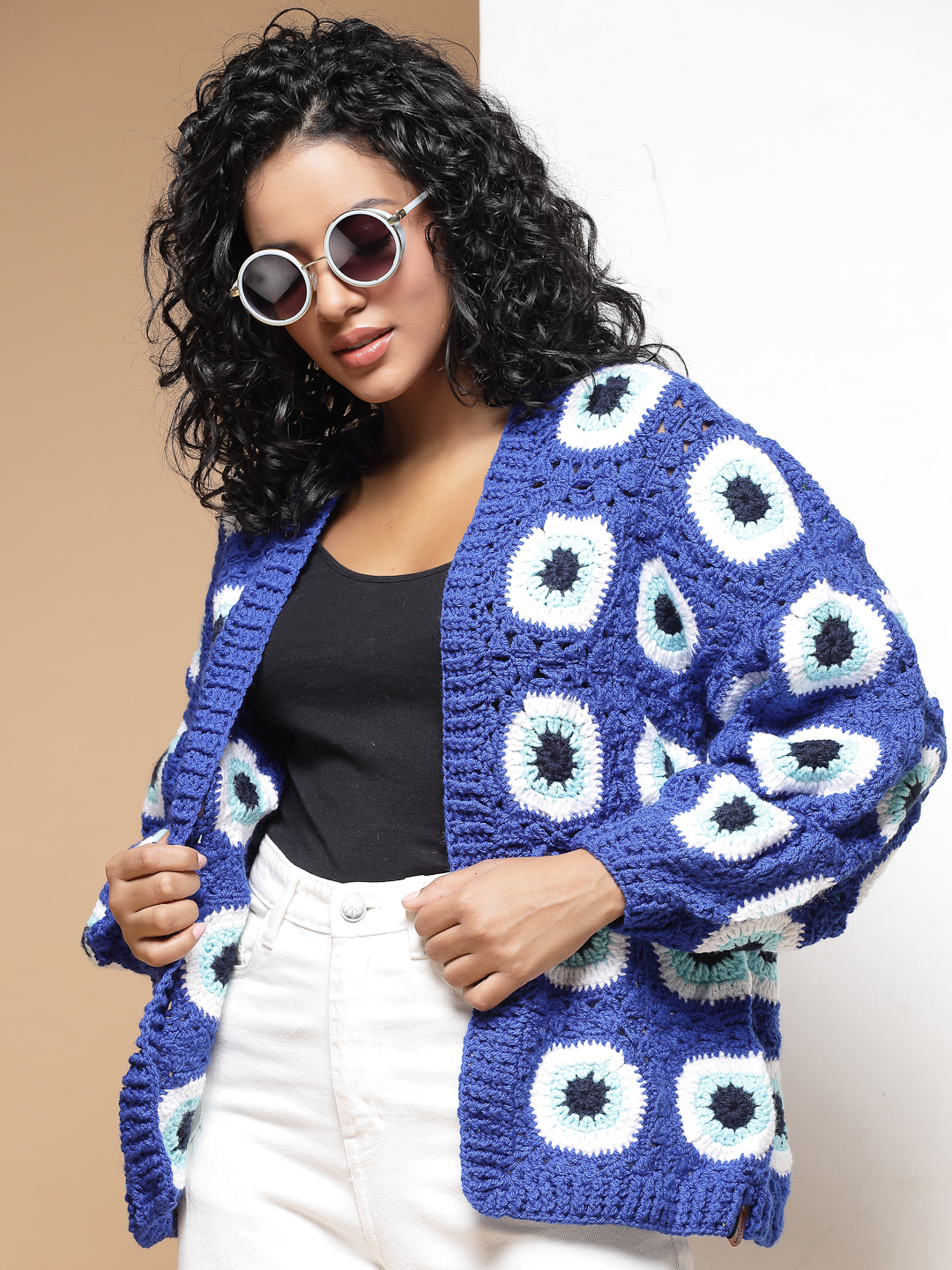 Velvery Handmade Blue Evil Eye Crochet Baggy V-Neck Cardigan