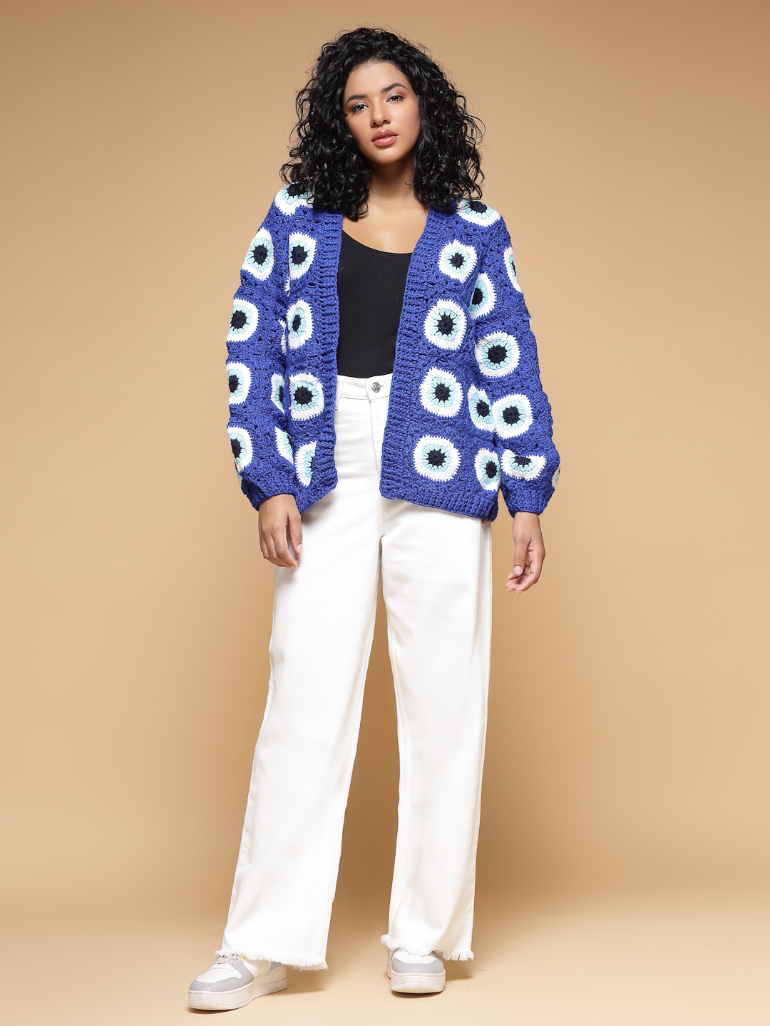 Velvery Handmade Blue Evil Eye Crochet Baggy V-Neck Cardigan