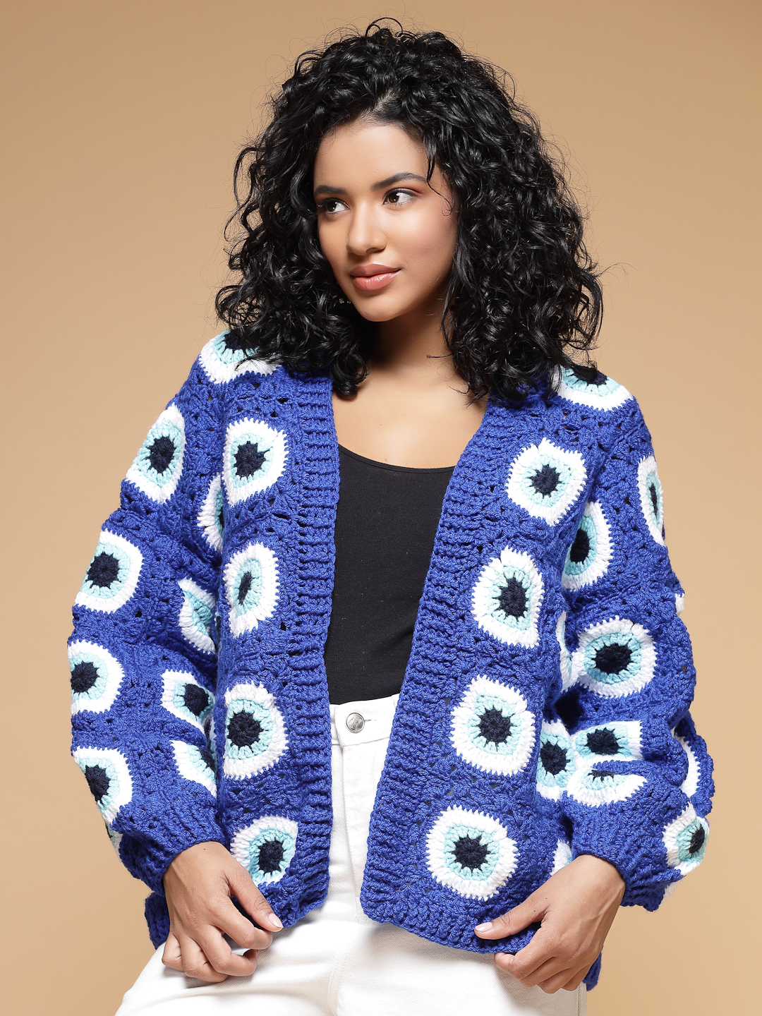 Velvery Handmade Blue Evil Eye Crochet Baggy V-Neck Cardigan