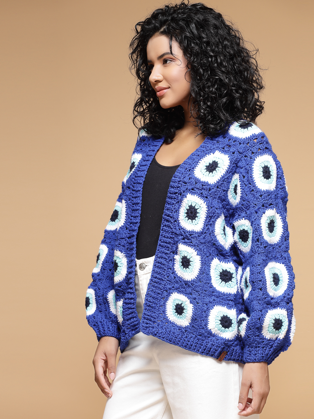 Velvery Handmade Blue Evil Eye Crochet Baggy V-Neck Cardigan