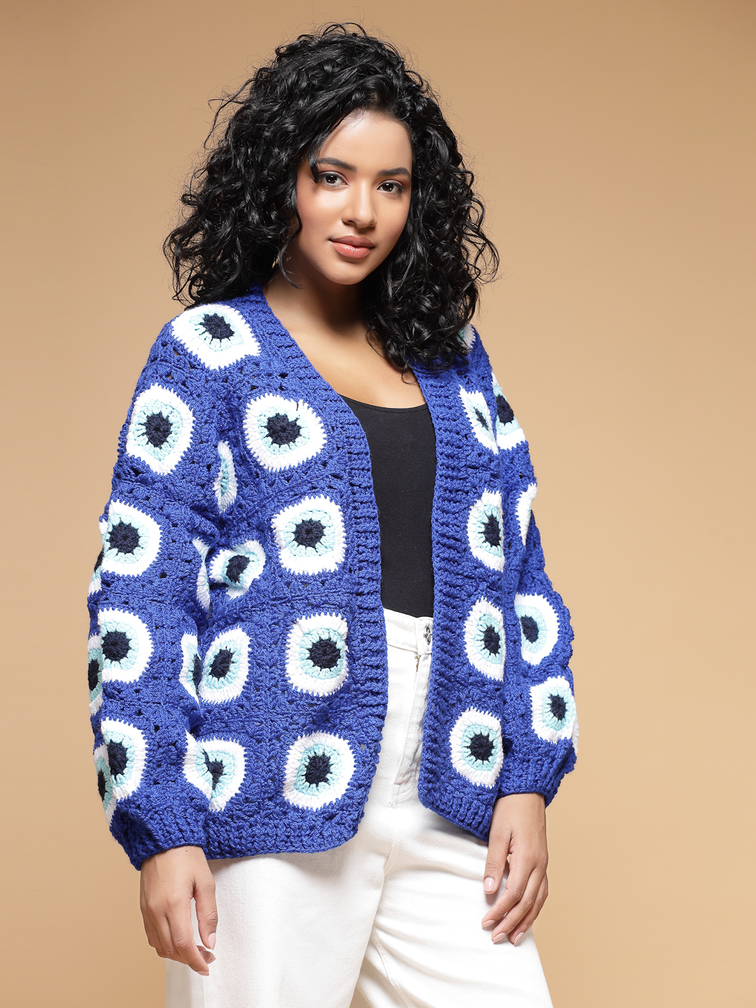 Velvery Handmade Blue Evil Eye Crochet Baggy V-Neck Cardigan