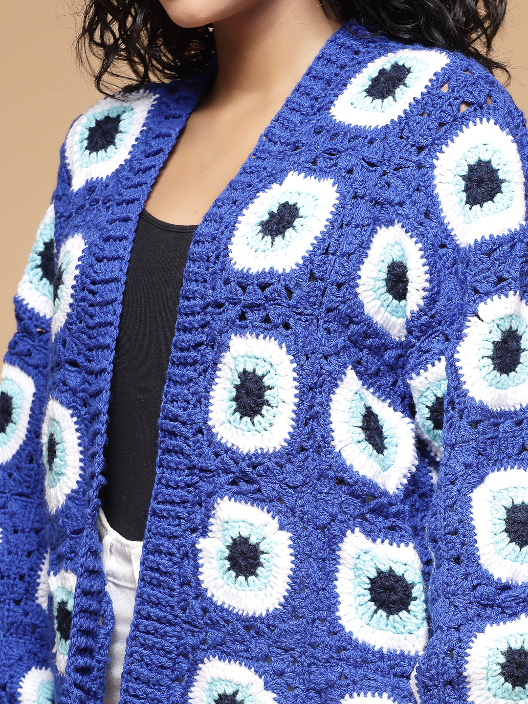 Velvery Handmade Blue Evil Eye Crochet Baggy V-Neck Cardigan