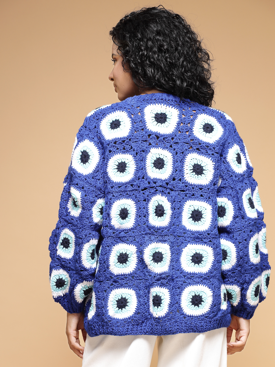 Velvery Handmade Blue Evil Eye Crochet Baggy V-Neck Cardigan