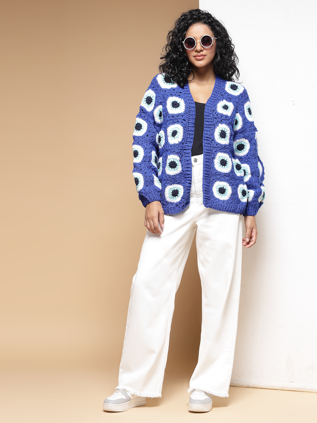 Velvery Handmade Blue Evil Eye Crochet Baggy V-Neck Cardigan