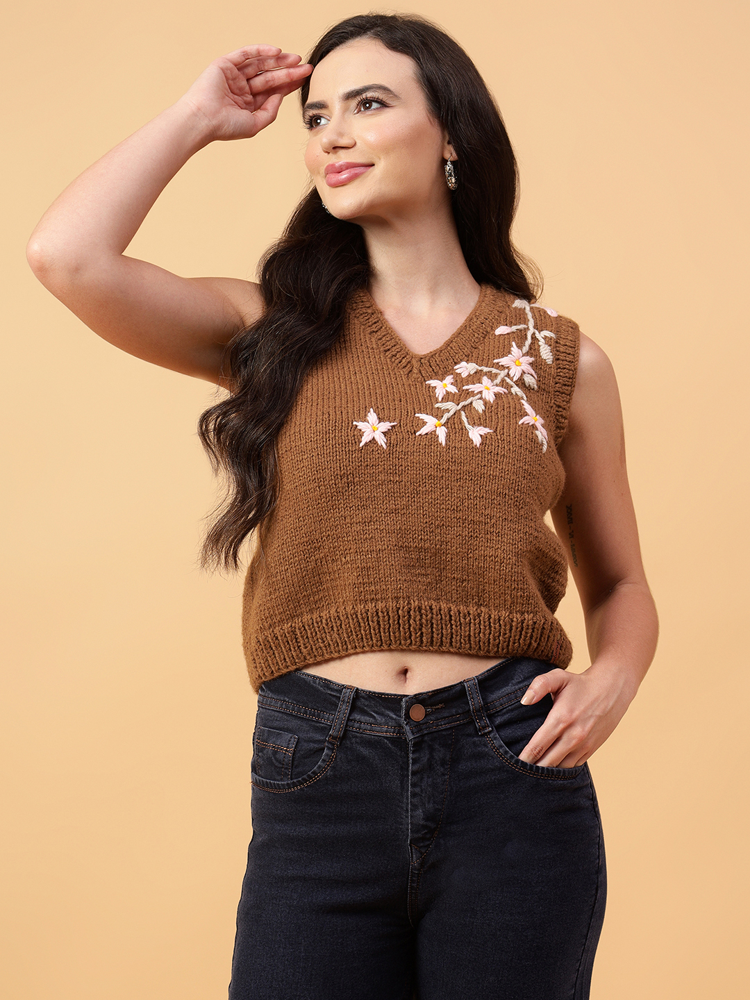 Velvery Handmade Brown Handknitted Embroidered V-Neck Sweater Vest