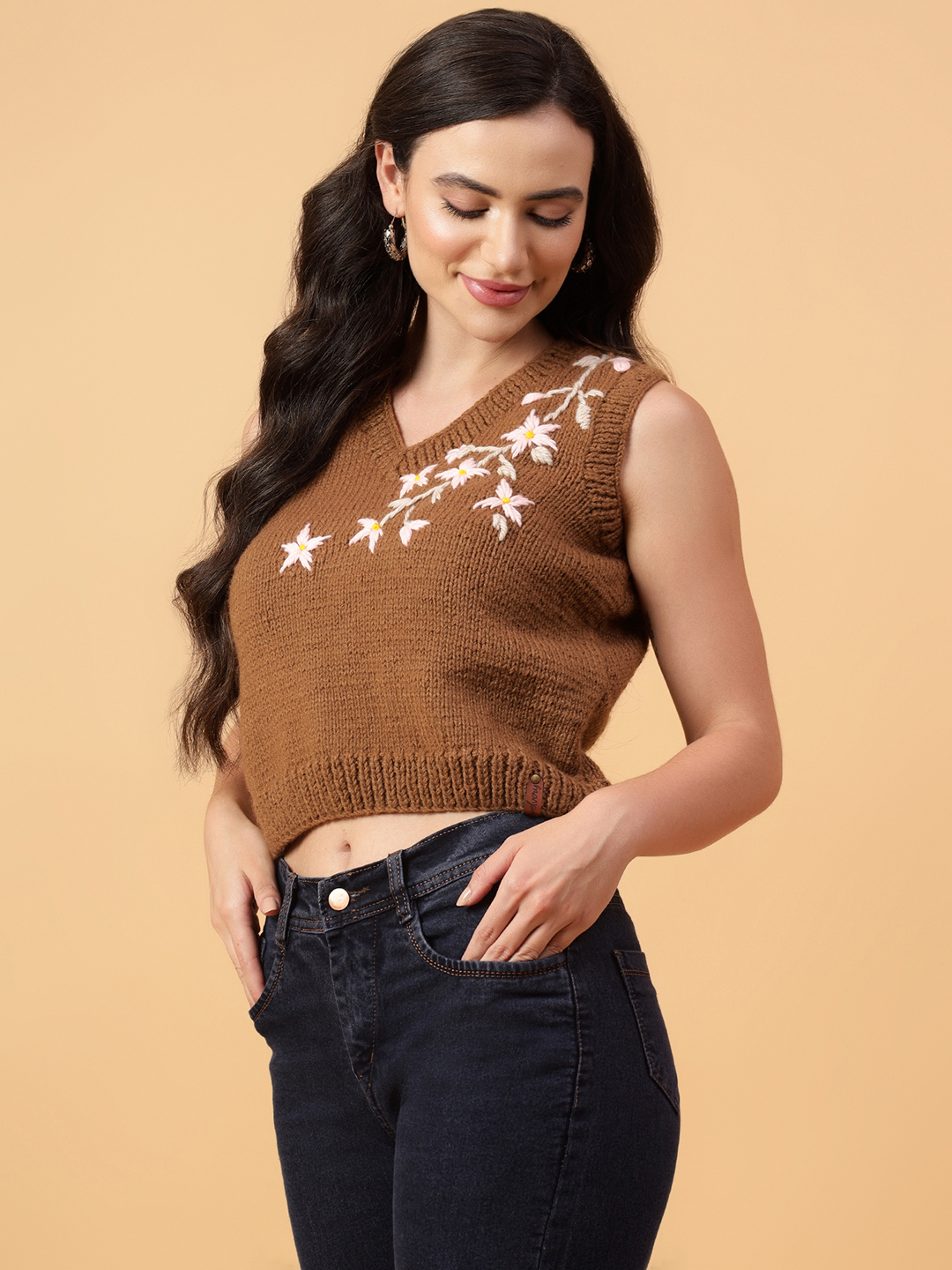 Velvery Handmade Brown Handknitted Embroidered V-Neck Sweater Vest
