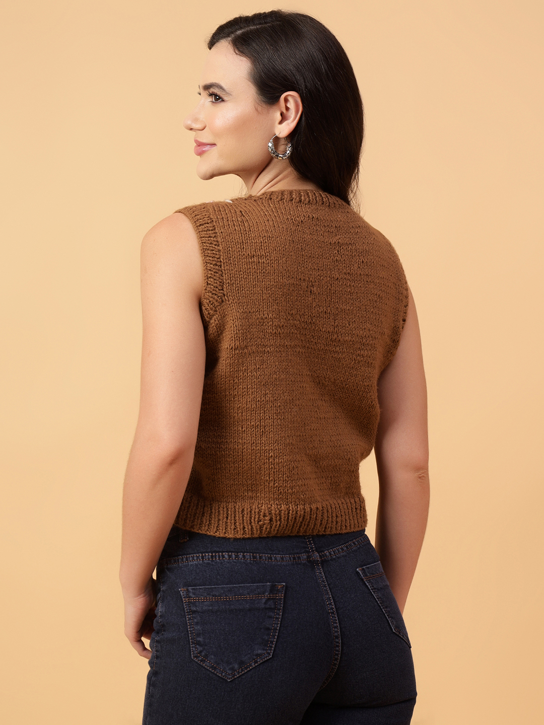 Velvery Handmade Brown Handknitted Embroidered V-Neck Sweater Vest