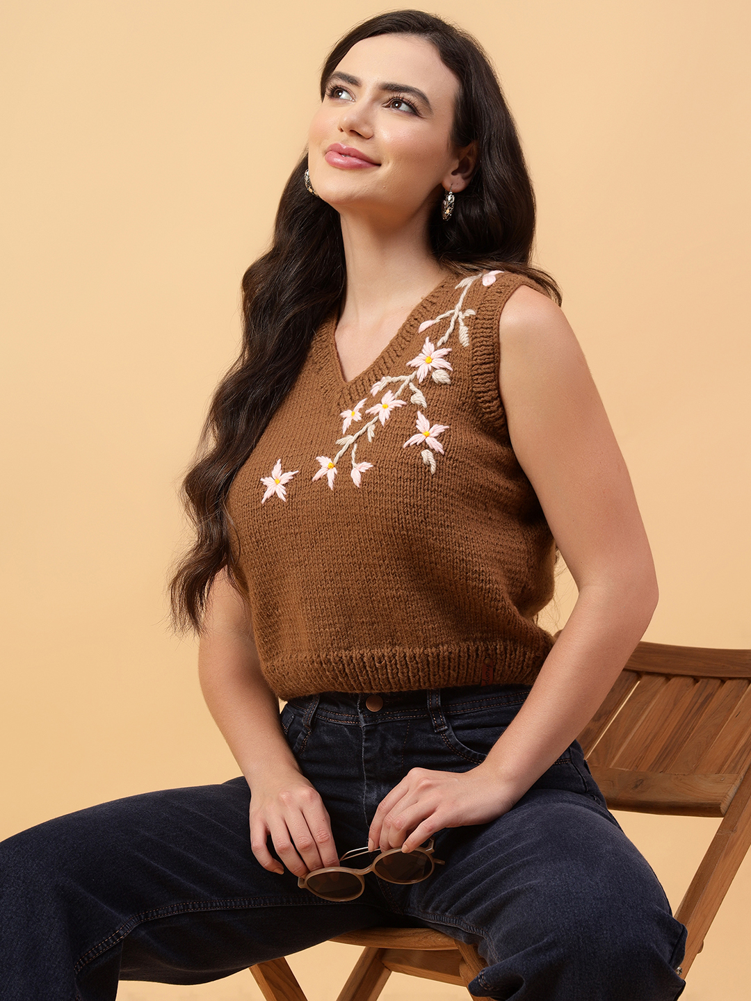 Velvery Handmade Brown Handknitted Embroidered V-Neck Sweater Vest