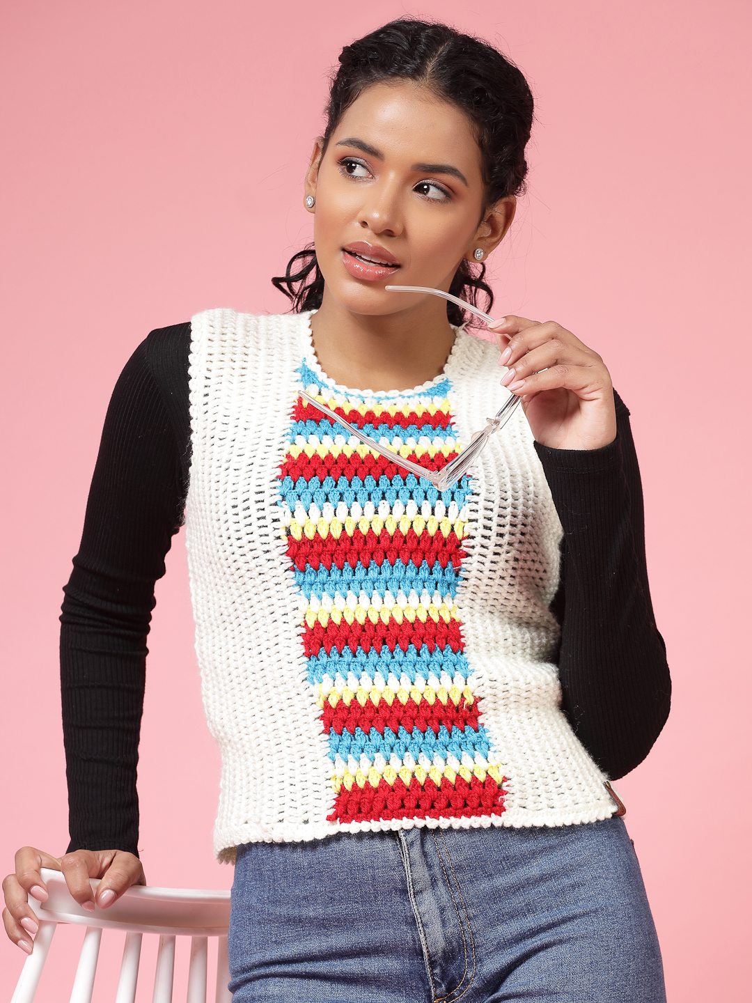 Velvery Handmade White & Multi Handmade Crochet Round Neck Sweater Vest