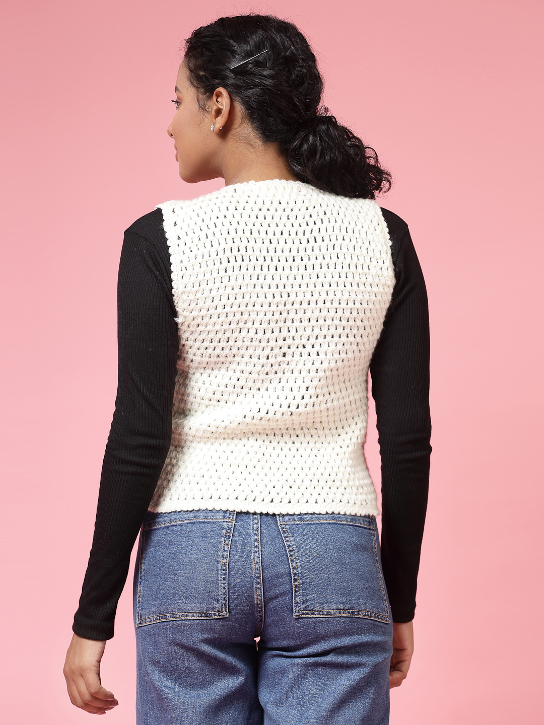 Velvery Handmade White & Multi Handmade Crochet Round Neck Sweater Vest