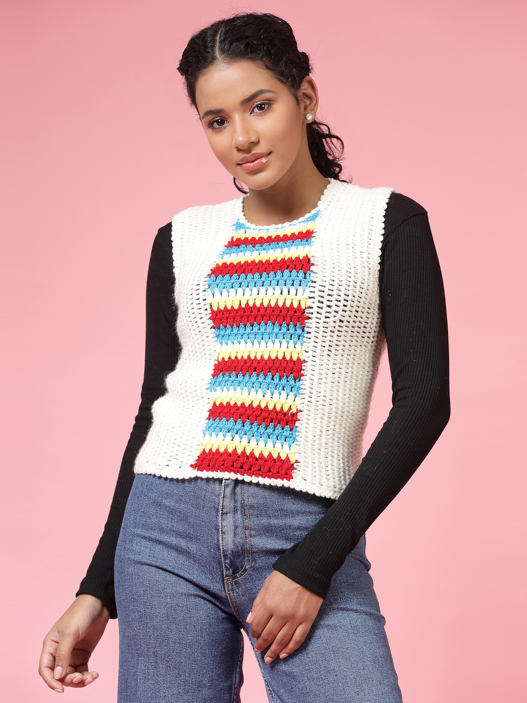 Velvery Handmade White & Multi Handmade Crochet Round Neck Sweater Vest