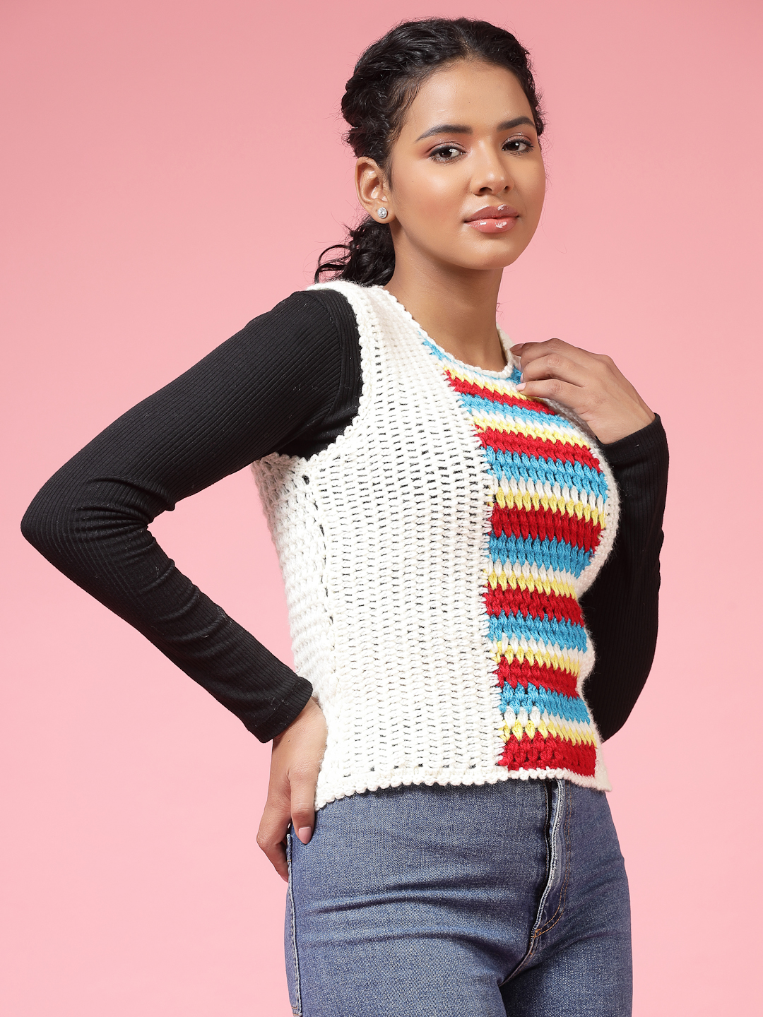 Velvery Handmade White & Multi Handmade Crochet Round Neck Sweater Vest