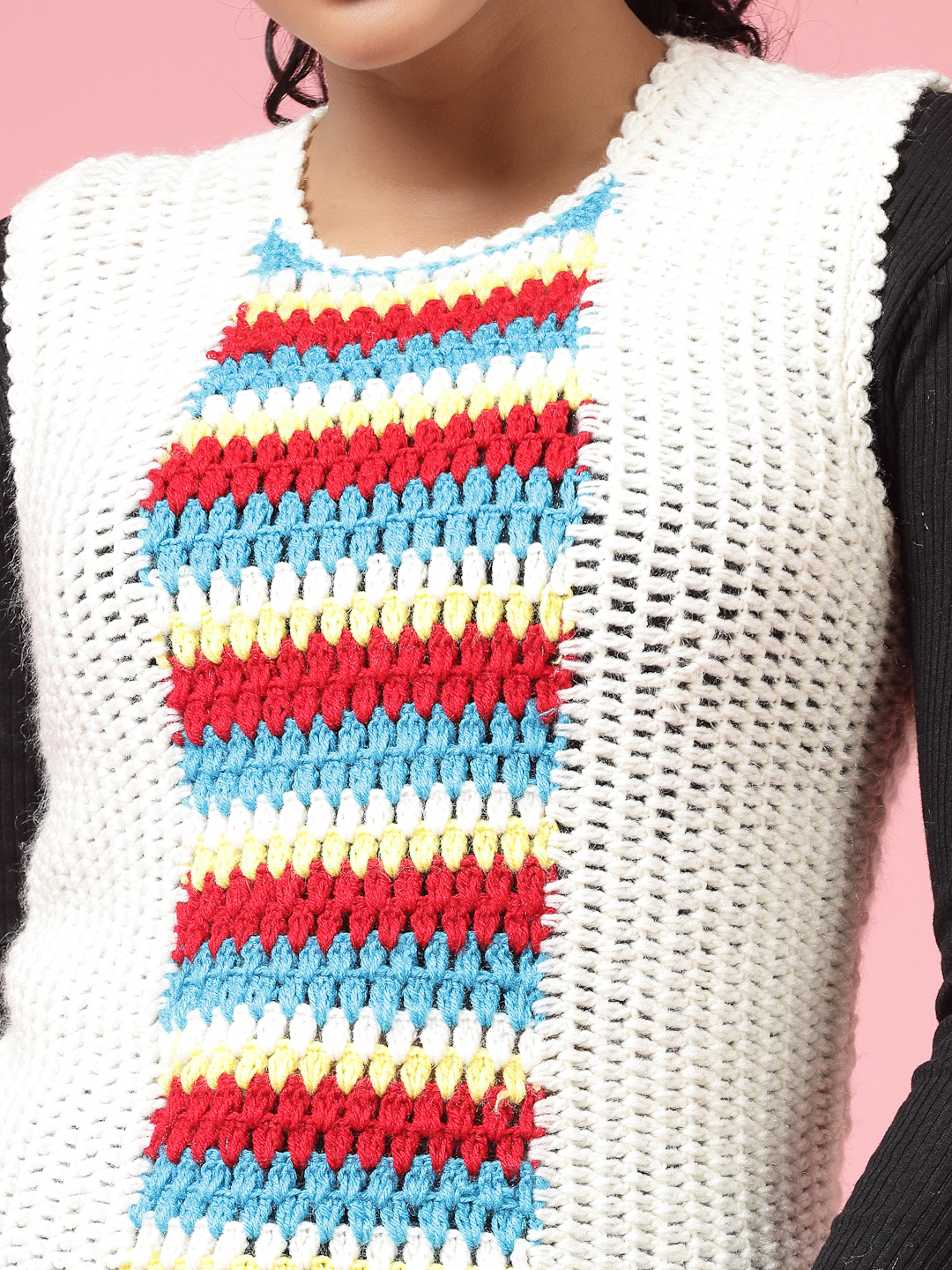 Velvery Handmade White & Multi Handmade Crochet Round Neck Sweater Vest