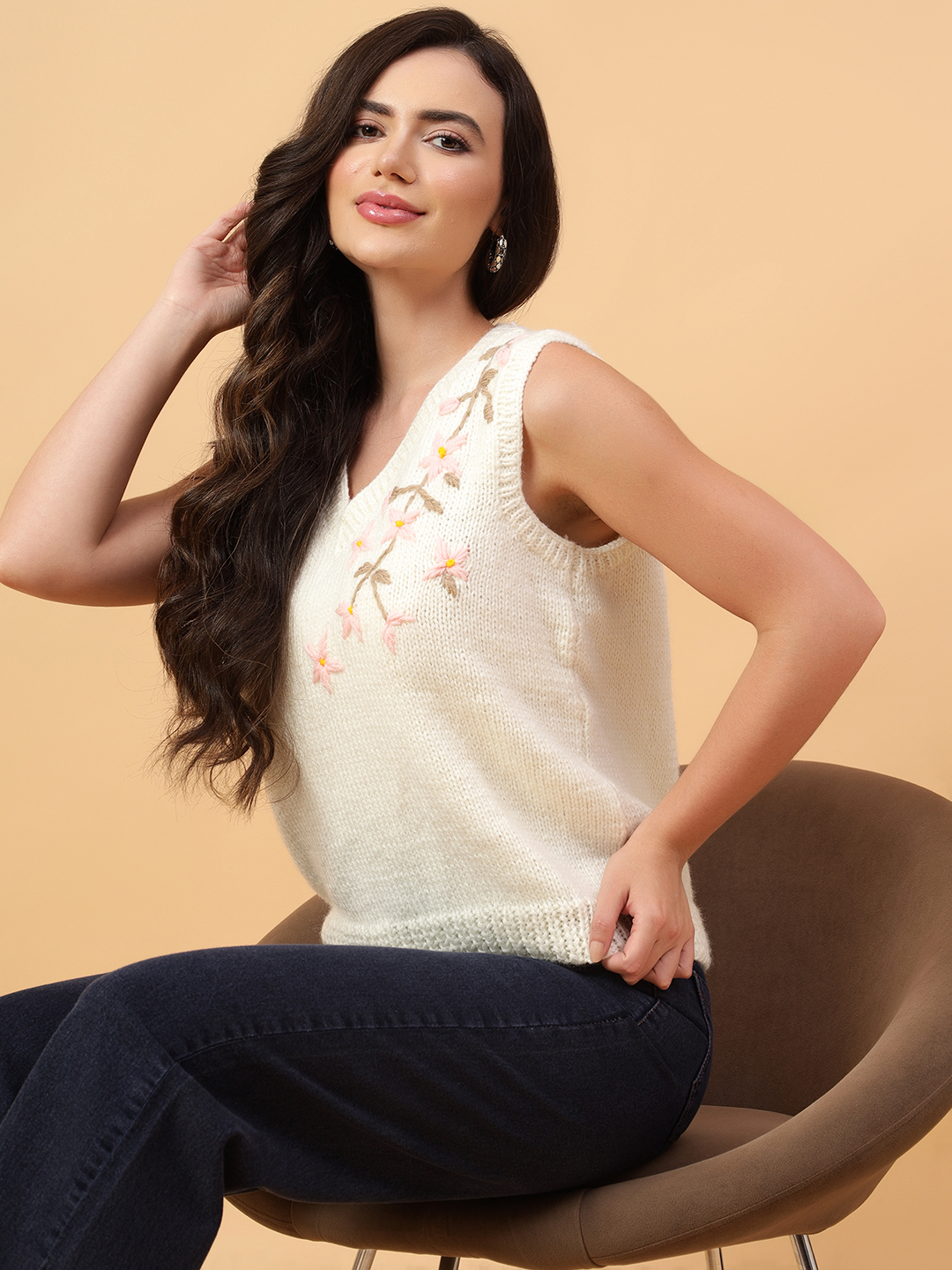 Velvery Handmade Beige Handknitted Embroidered V-Neck Sweater Vest