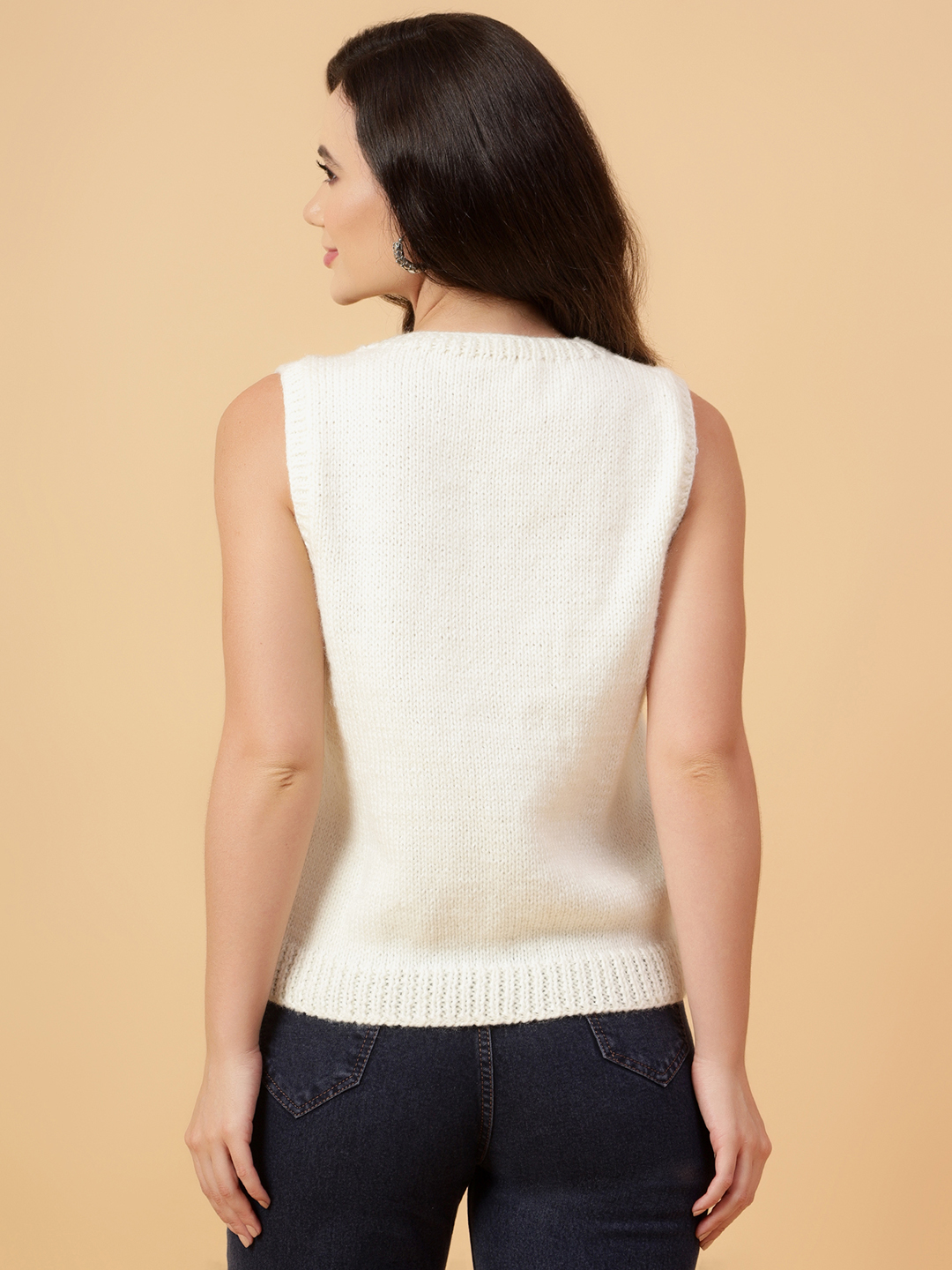 Velvery Handmade Beige Handknitted Embroidered V-Neck Sweater Vest