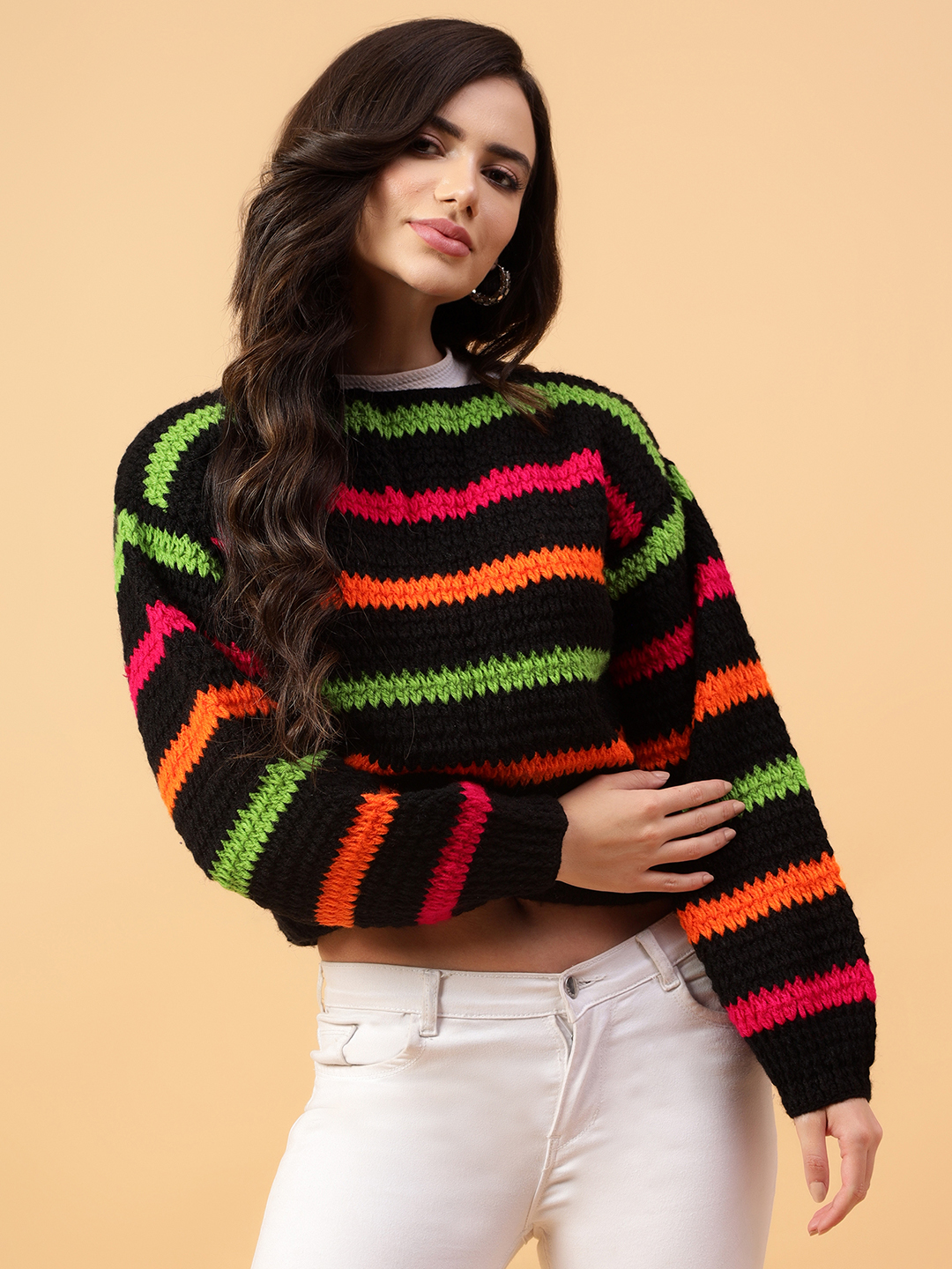 Velvery Handmade Black Multicolored Striped Round Neck Pullover