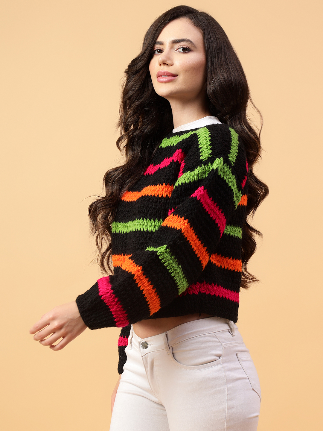 Velvery Handmade Black Multicolored Striped Round Neck Pullover
