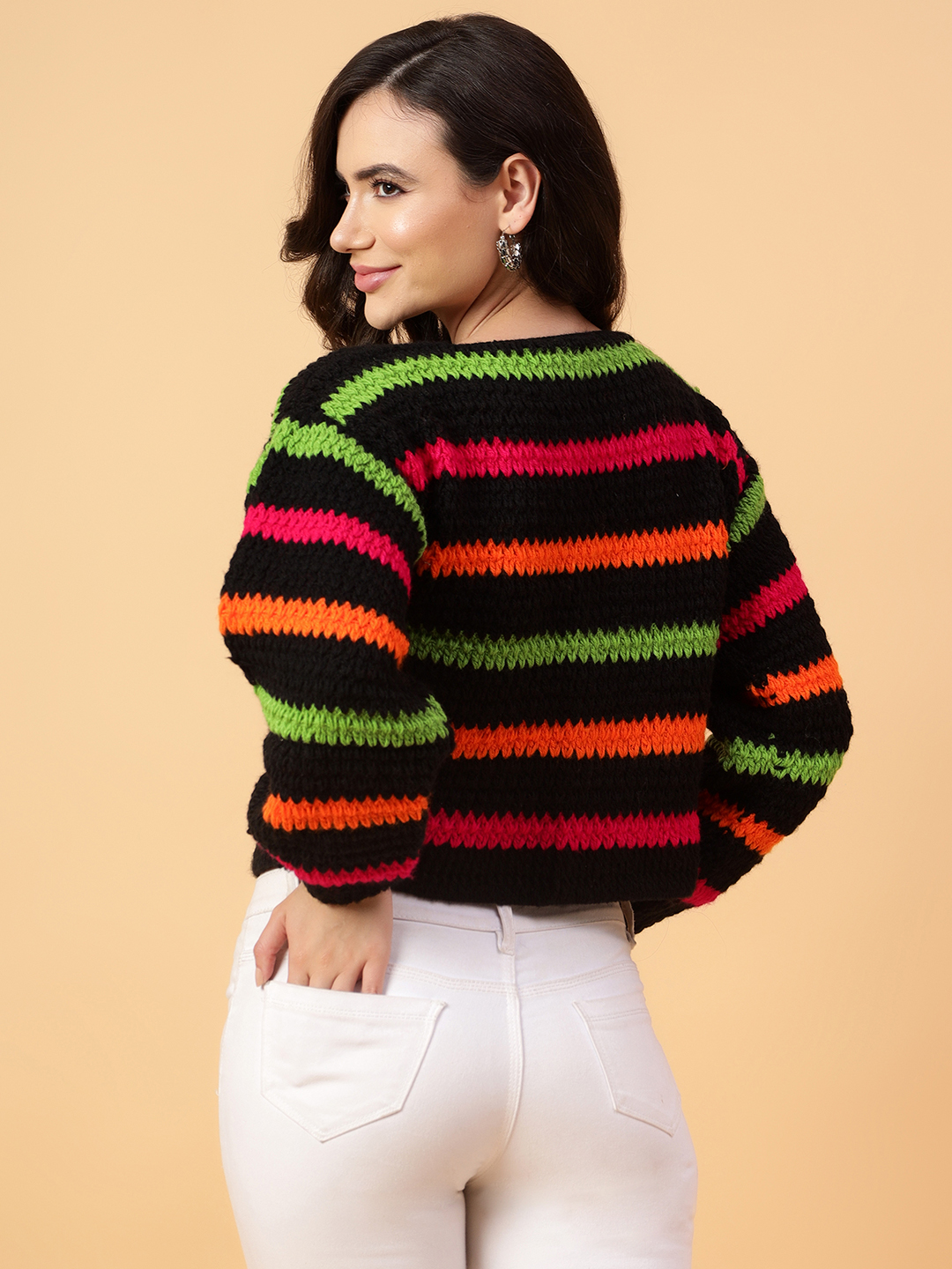 Velvery Handmade Black Multicolored Striped Round Neck Pullover