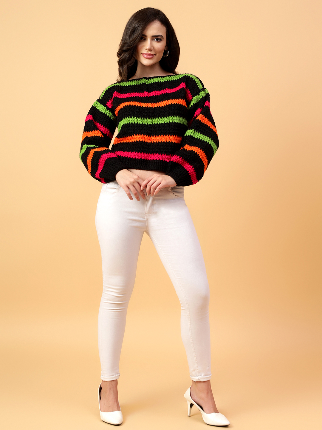Velvery Handmade Black Multicolored Striped Round Neck Pullover