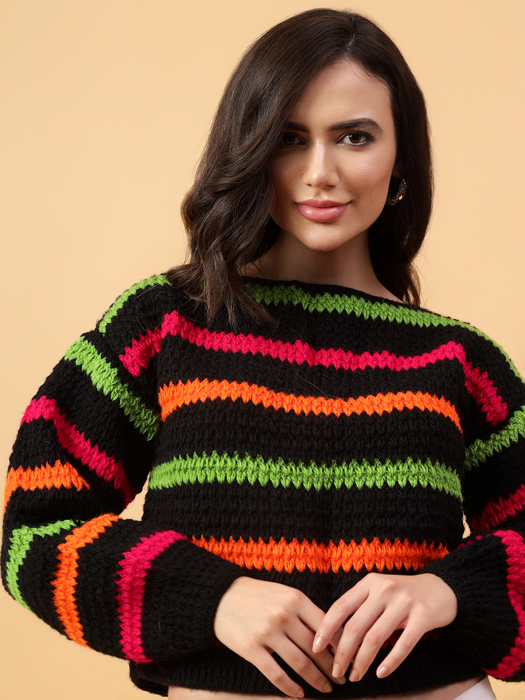 Velvery Handmade Black Multicolored Striped Round Neck Pullover