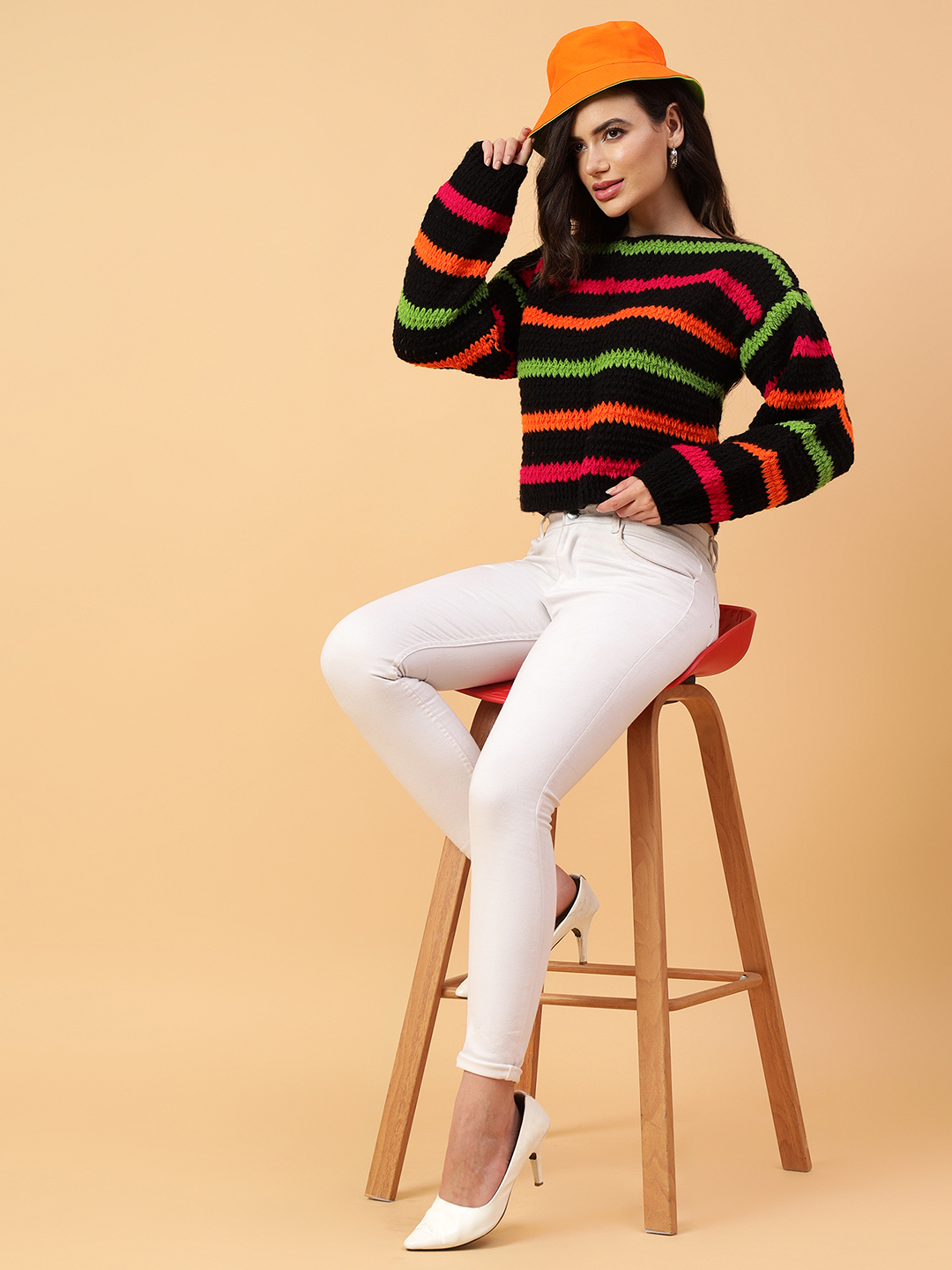 Velvery Handmade Black Multicolored Striped Round Neck Pullover