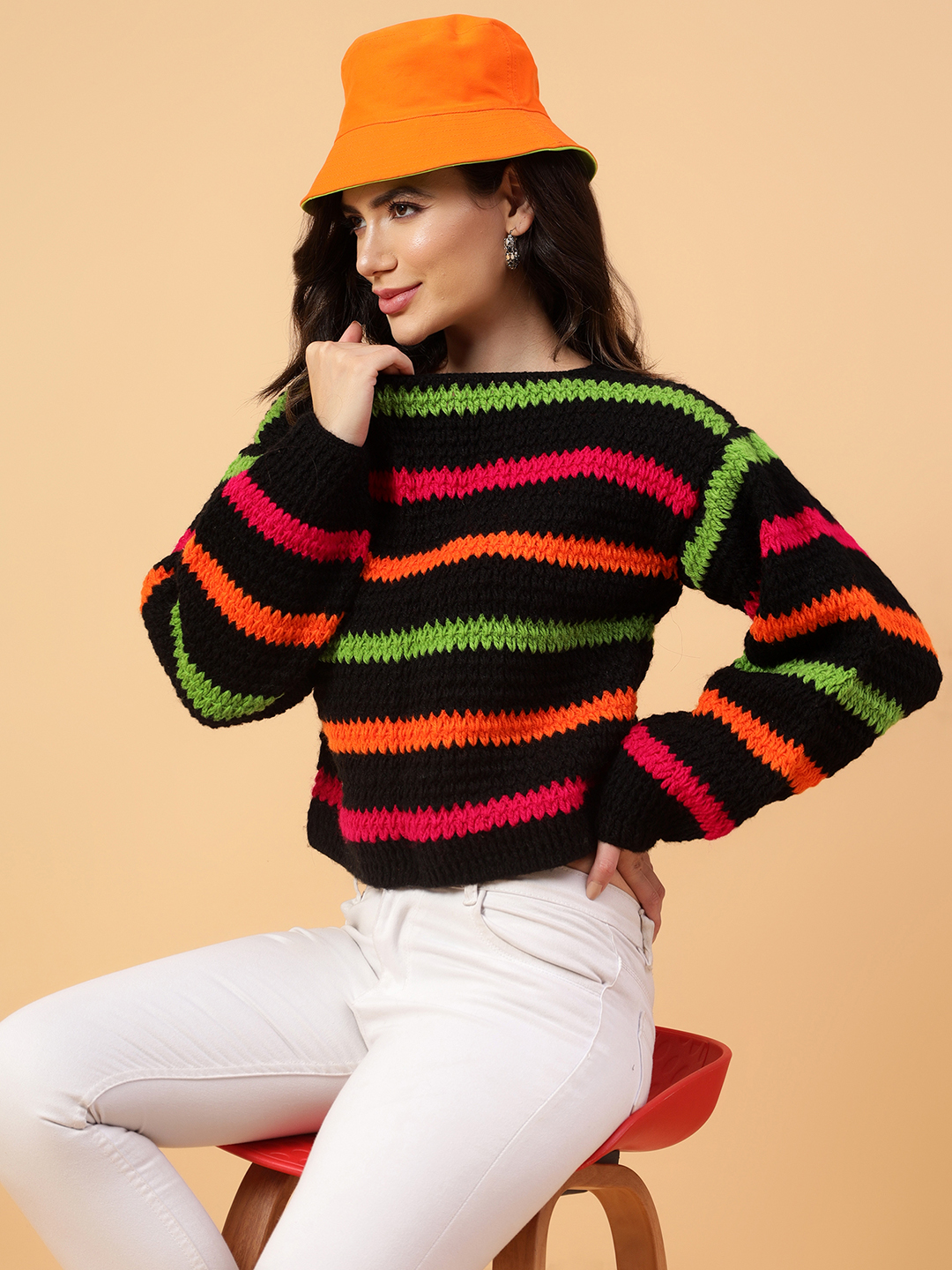 Velvery Handmade Black Multicolored Striped Round Neck Pullover