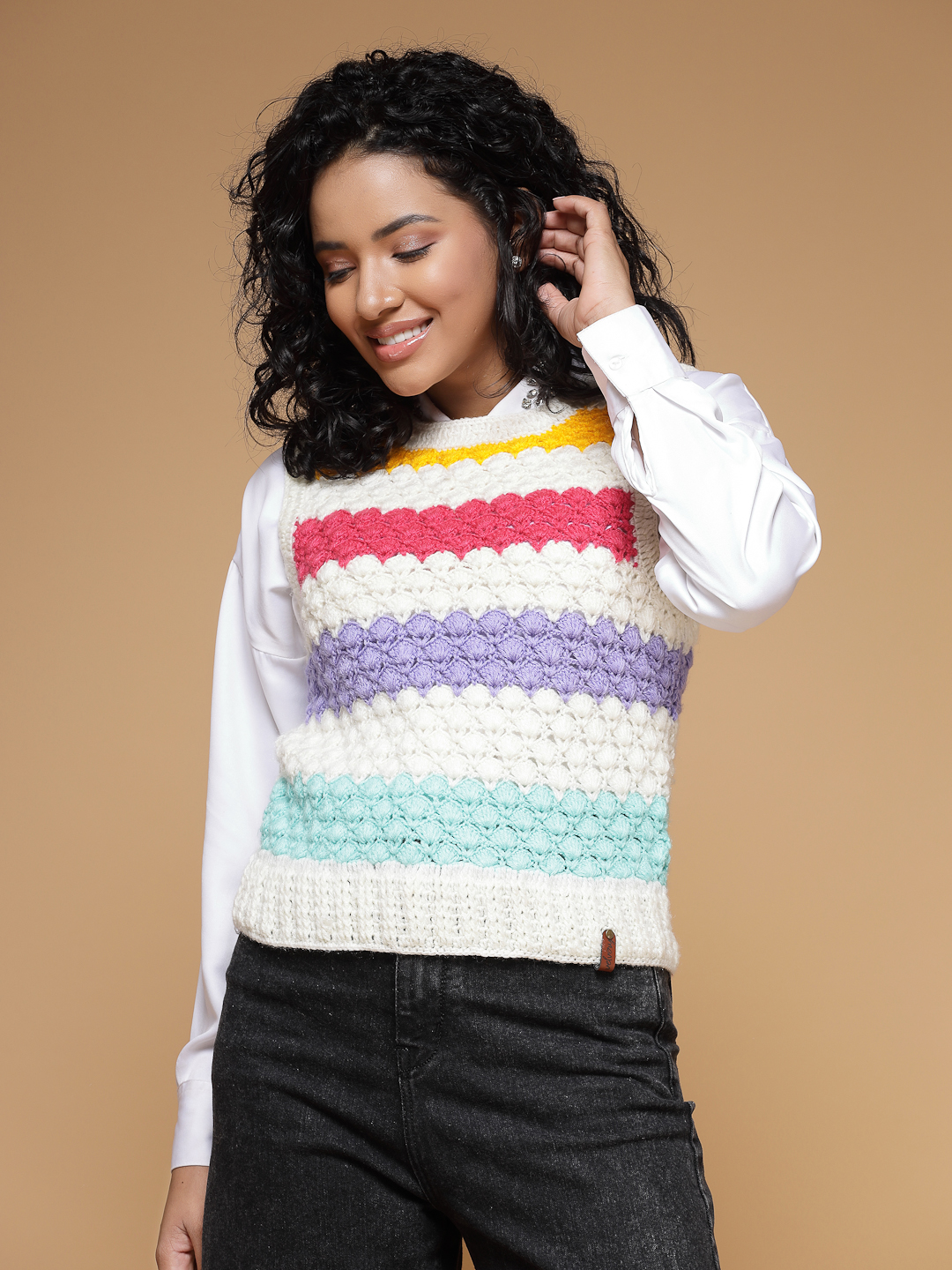 Velvery Handmade White & Multi Handmade Crochet Round Neck Sweater Vest