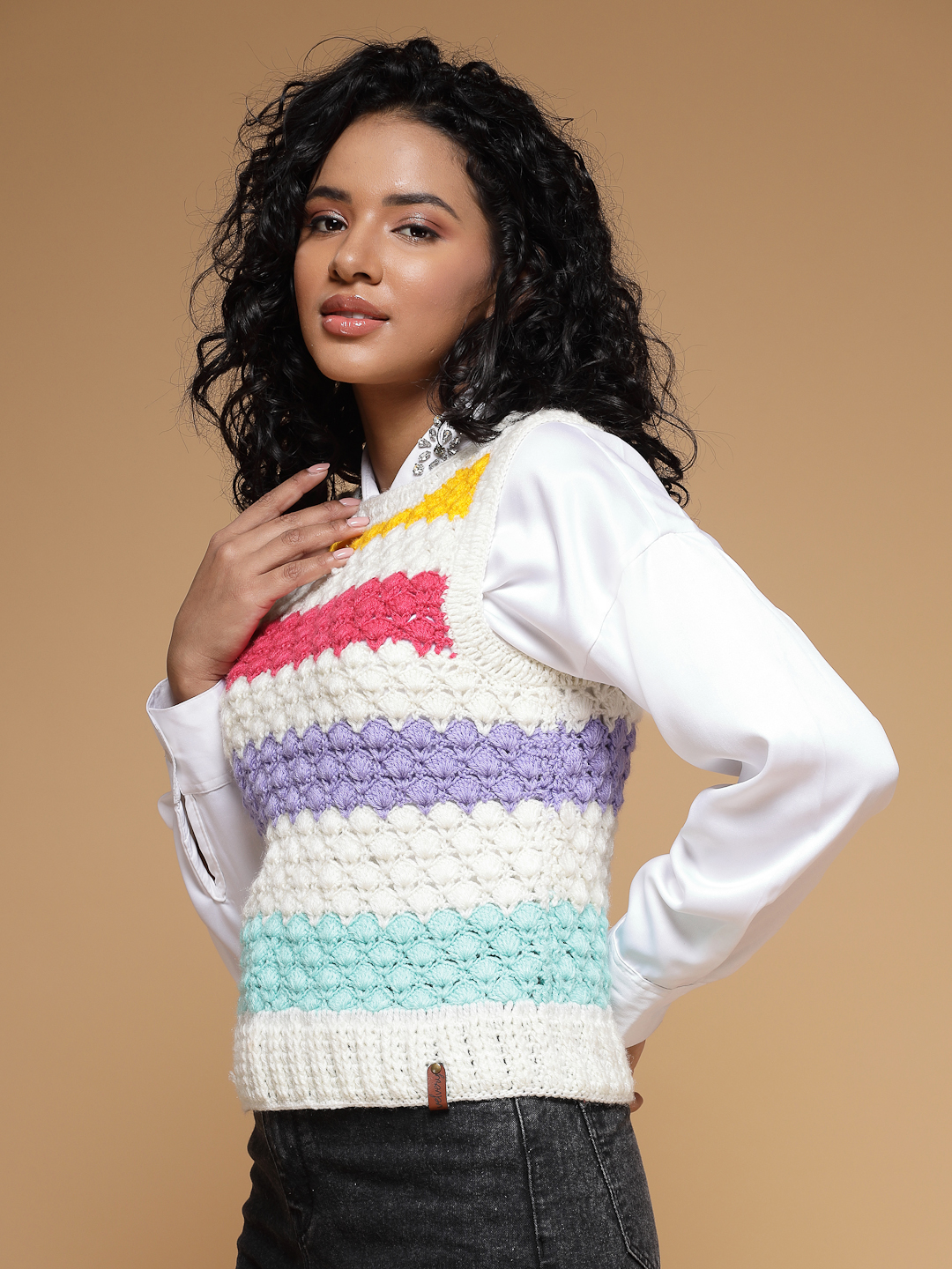 Velvery Handmade White & Multi Handmade Crochet Round Neck Sweater Vest