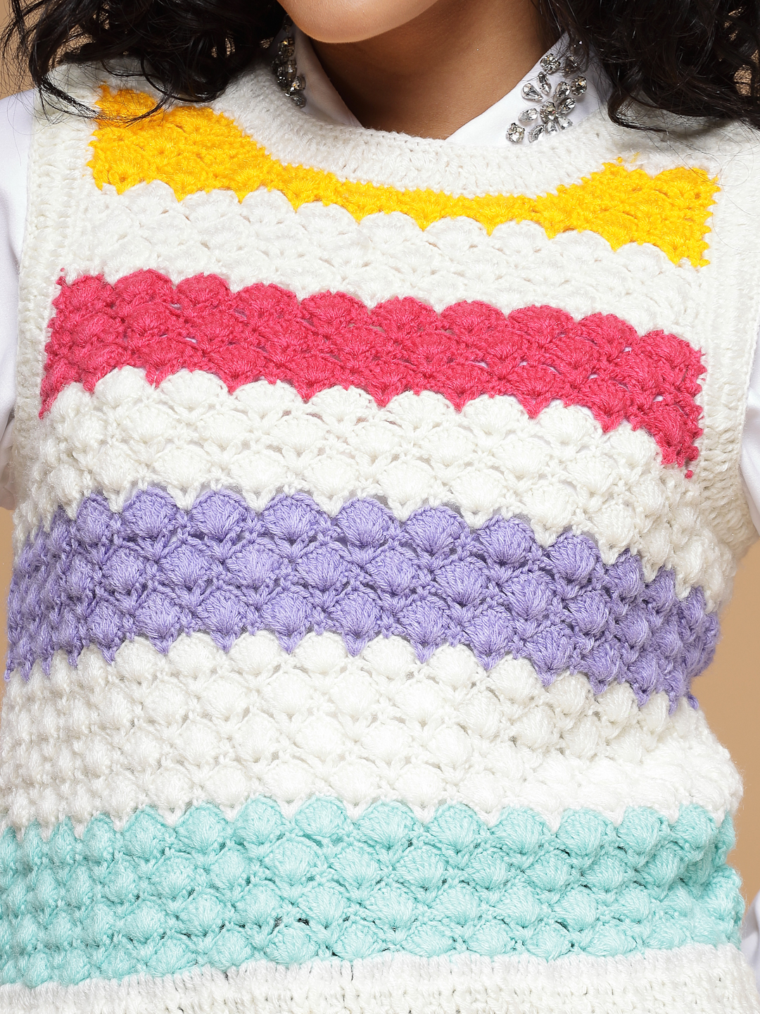 Velvery Handmade White & Multi Handmade Crochet Round Neck Sweater Vest