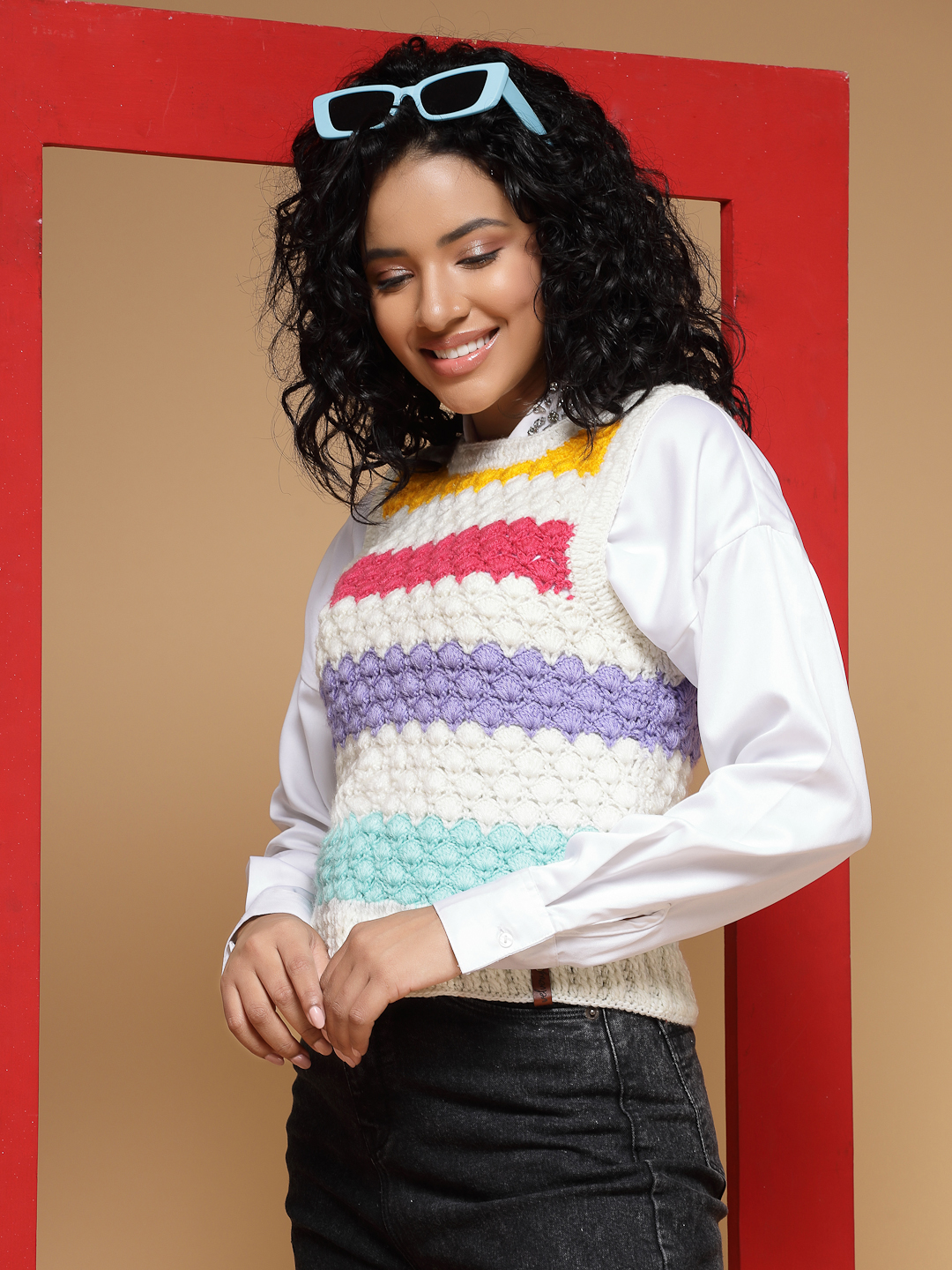 Velvery Handmade White & Multi Handmade Crochet Round Neck Sweater Vest