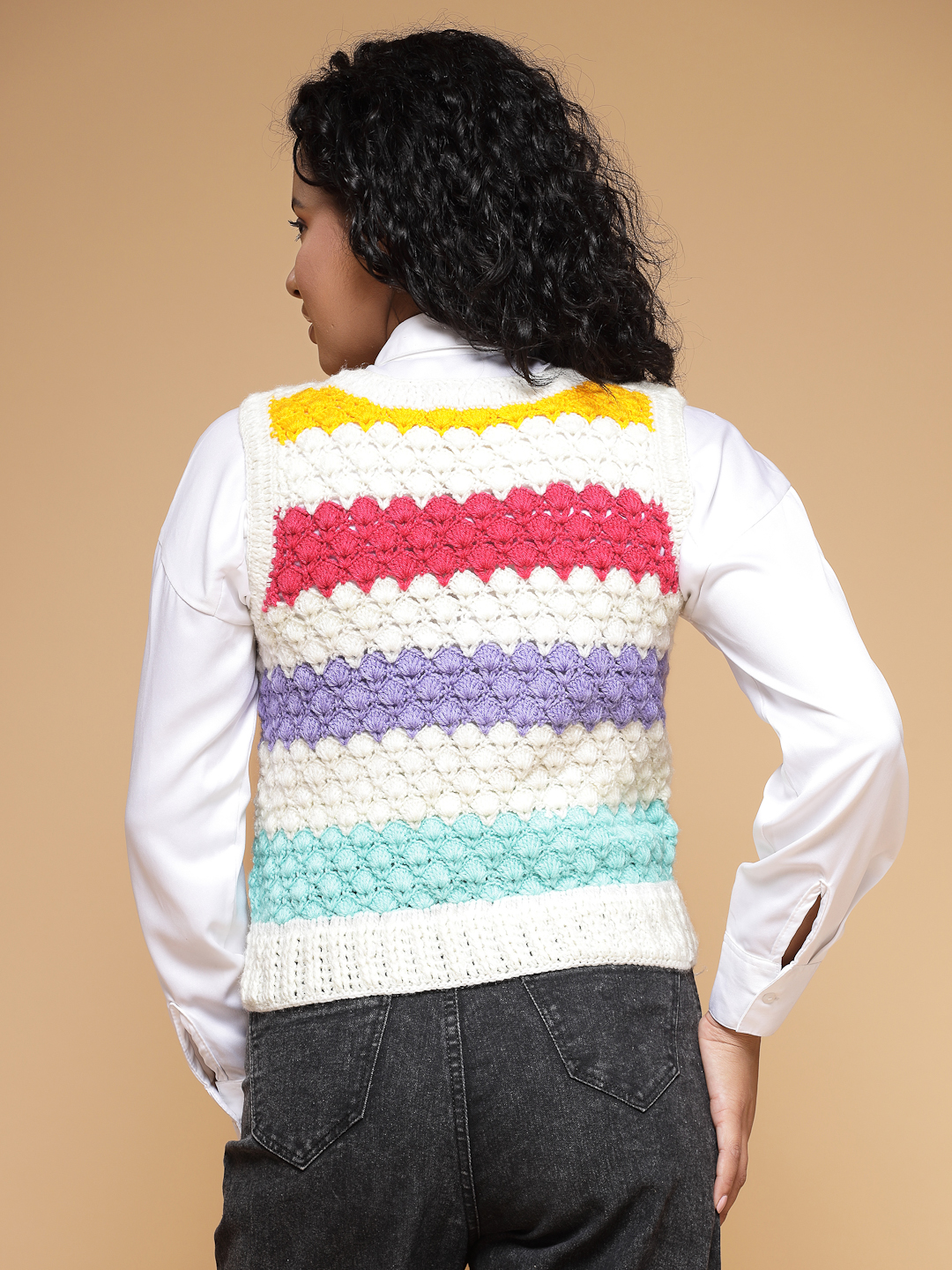 Velvery Handmade White & Multi Handmade Crochet Round Neck Sweater Vest