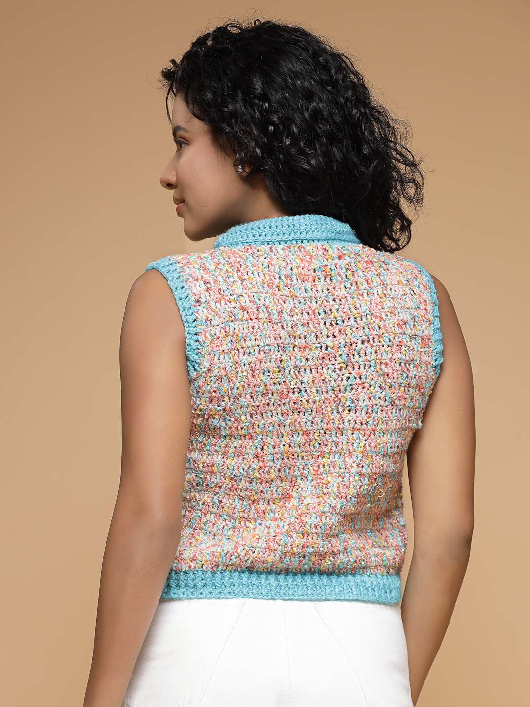 Velvery Handmade Multi Handmade Crochet V-Neck Sweater Vest