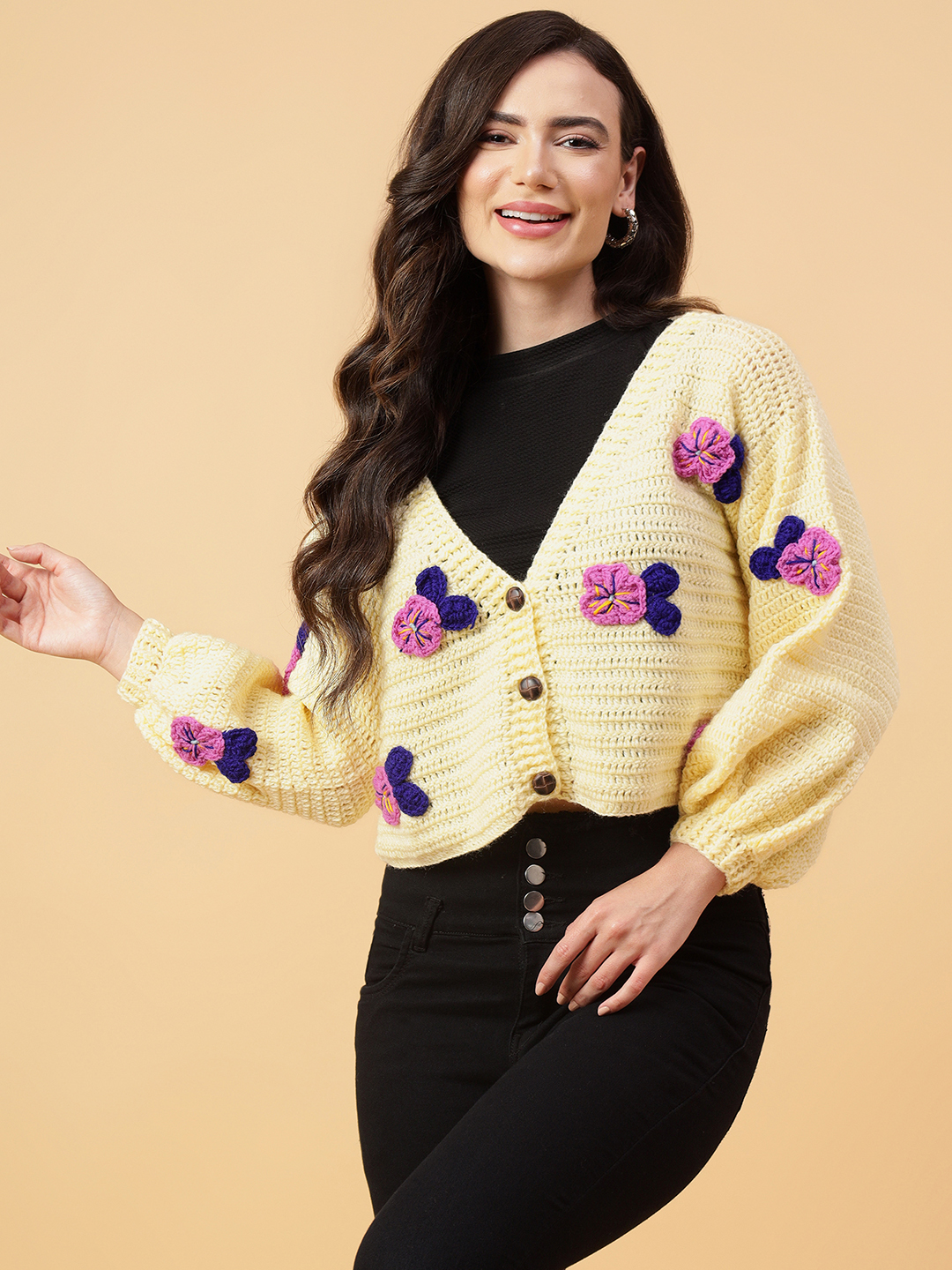 Velvery Handmade Cream & Multi Crochet Tulip V-Neck Cardigan