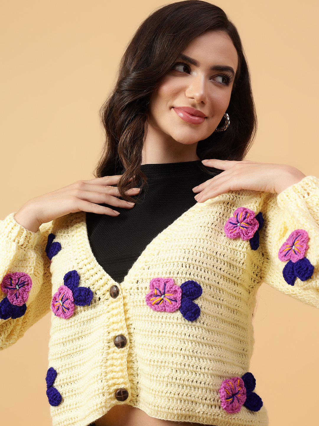 Velvery Handmade Cream & Multi Crochet Tulip V-Neck Cardigan